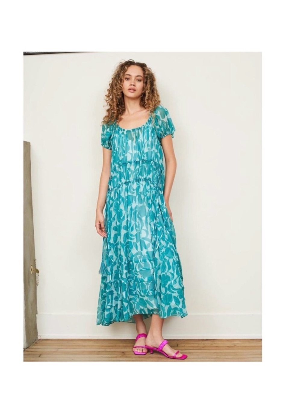 La Ligne Green/Ice Blue Silk Chiffon Print Dress S/M